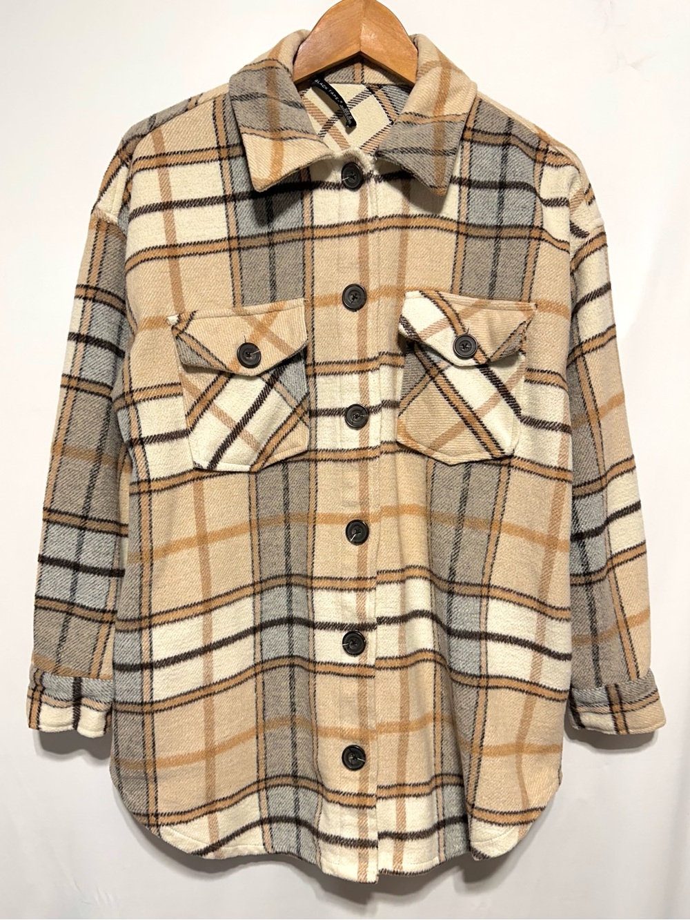 Black Tape Plaid Shacket Jacket Women’s M Beige Grey Oversized